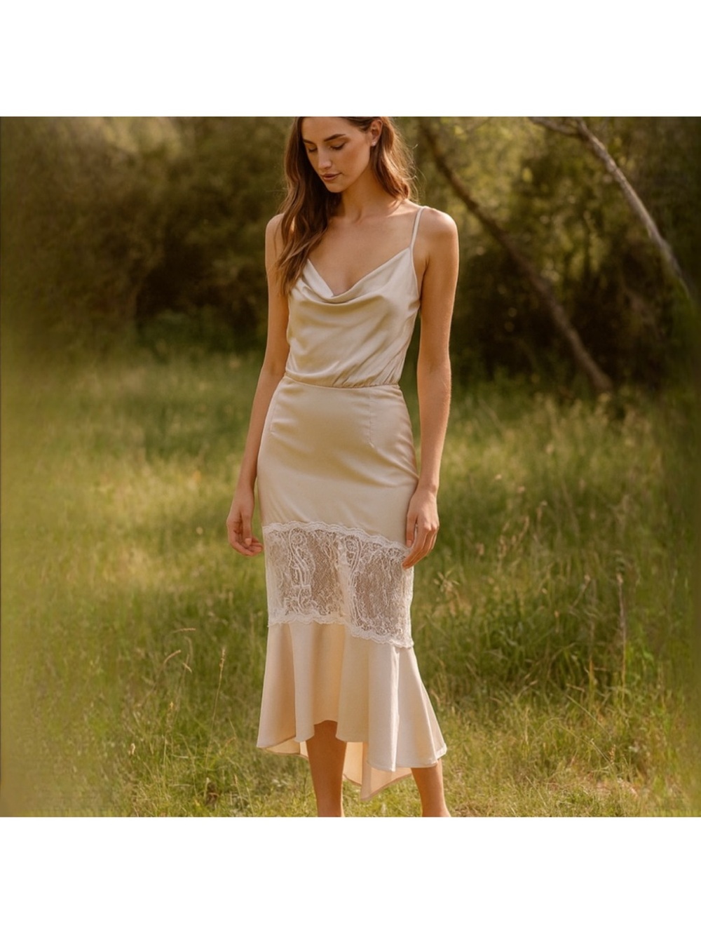 Silk-Feel Ivory Slip Dress with Lace Panel